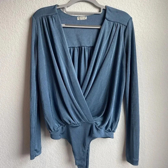 Free People Intimately Turnt Bodysuit Slate Blue Small V Neck Wrap Long Sleeve - Picture 8 of 10